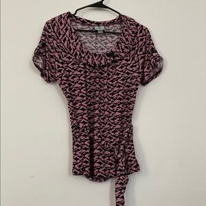 Worthington Red and Cream Fitted Blouse with Tie Front